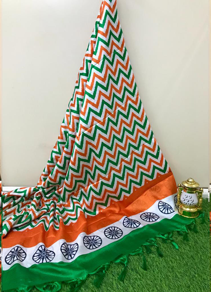 Tri Color Dupatta with Zig Zag, Art Silk Dupatta , Indian Flag Dupatta