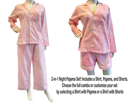 Pink 100% Cotton Light Ultra-Soft Night Dress Women Cotton Pants Shirt Set With Shorts Set