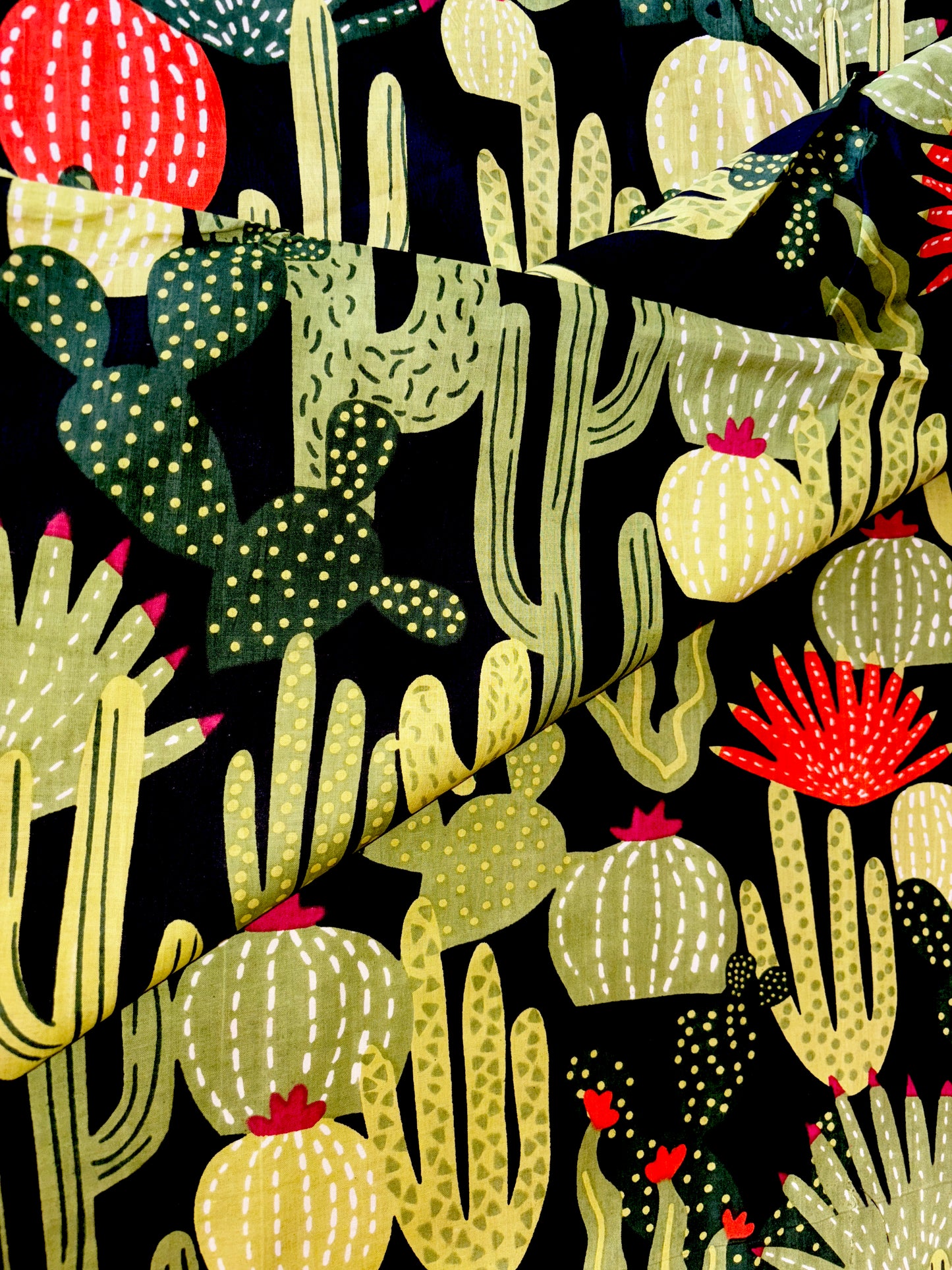 Green Pure Cotton Cambric Printed Fabrics, Colorful Cactus Print, Floral