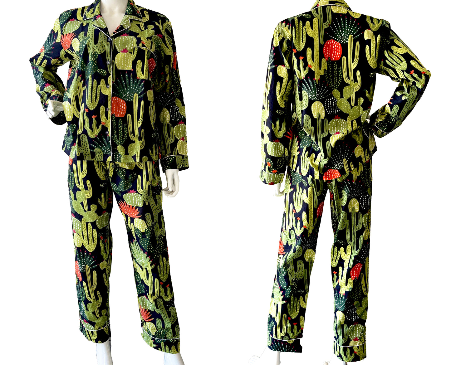 Black 100% Pure Cotton Cambric Women's Pajamas with Cactus Print