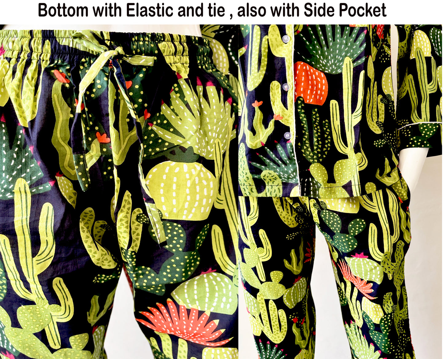 Black 100% Pure Cotton Cambric Women's Pajamas with Cactus Print