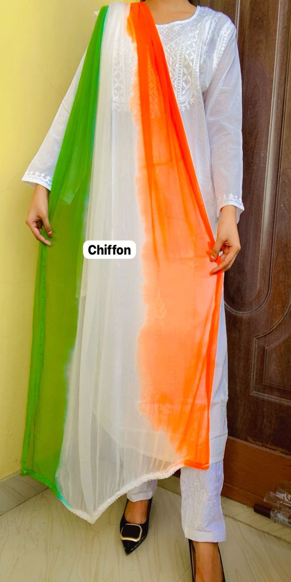 Tricolor Dupatta, Chiffon Dupatta, with White Lace