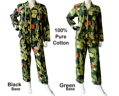 Green 100% Pure Cotton Cambric Women's Pajamas with Cactus Print