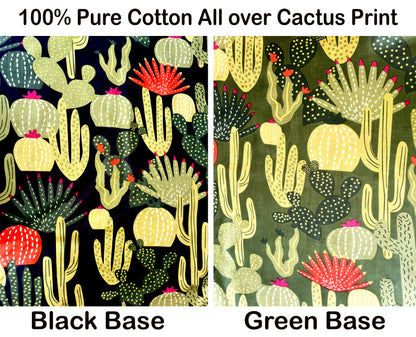 100% Pure Cotton, Cactus print on cotton Fabric, Floral Print Fabric, Summer Print Fabric, Cactus print All over, Fabric by the yard, Cotton Fabric by the yard,  Green Printed fabric, Black Printed Fabric, Yellow Fabric