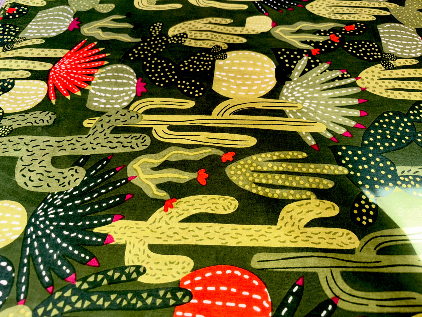 Green Pure Cotton Cambric Printed Fabrics, Colorful Cactus Print, Floral