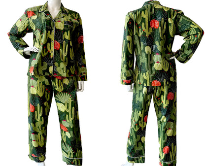 Green 100% Pure Cotton Cambric Women's Pajamas with Cactus Print