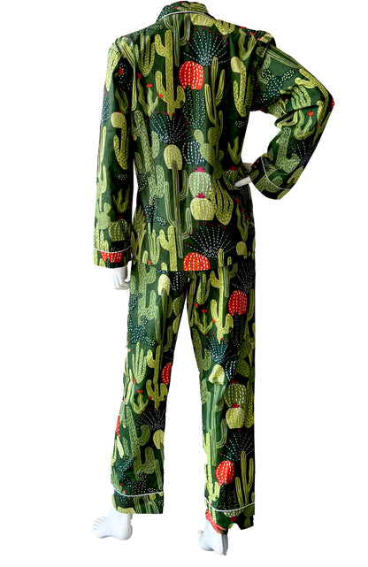 Green 100% Pure Cotton Cambric Women's Pajamas with Cactus Print