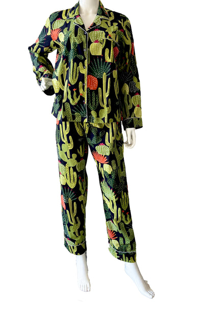 Green 100% Pure Cotton Cambric Women's Pajamas with Cactus Print