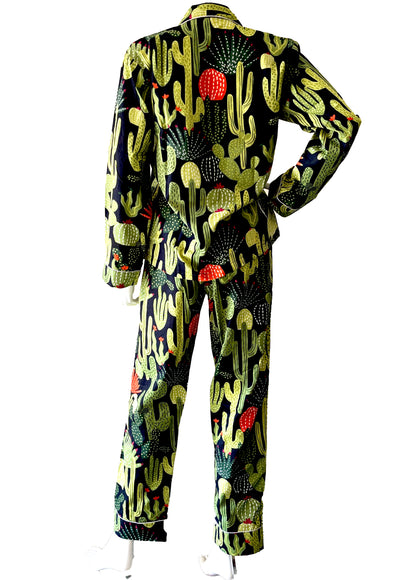 Green 100% Pure Cotton Cambric Women's Pajamas with Cactus Print