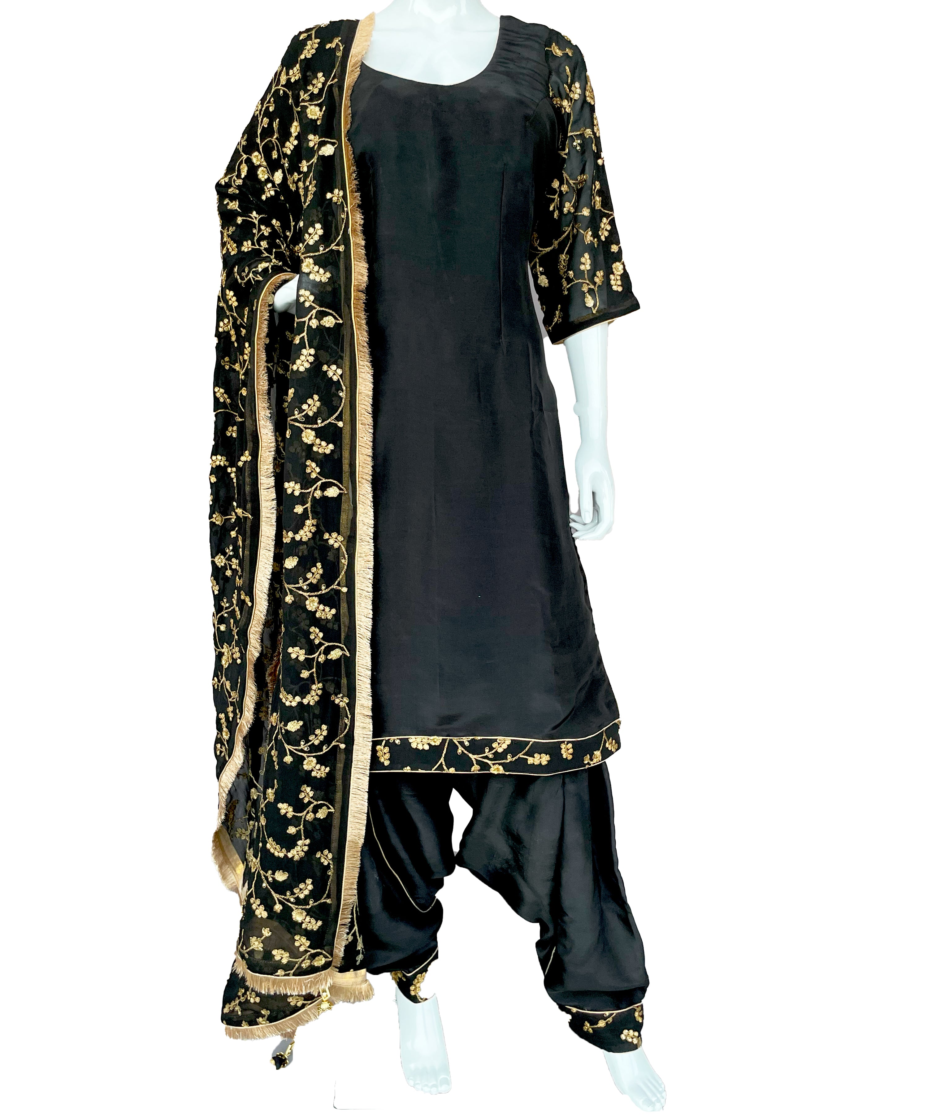 Black punjabi suit with golden outlet embroidery