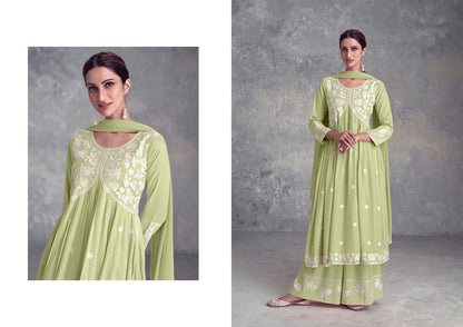 Olive Green Purple Nyra Cut Palazzo Suit, Lukhnawi embroidery Palazzo Suit, Indian Ethnic wear