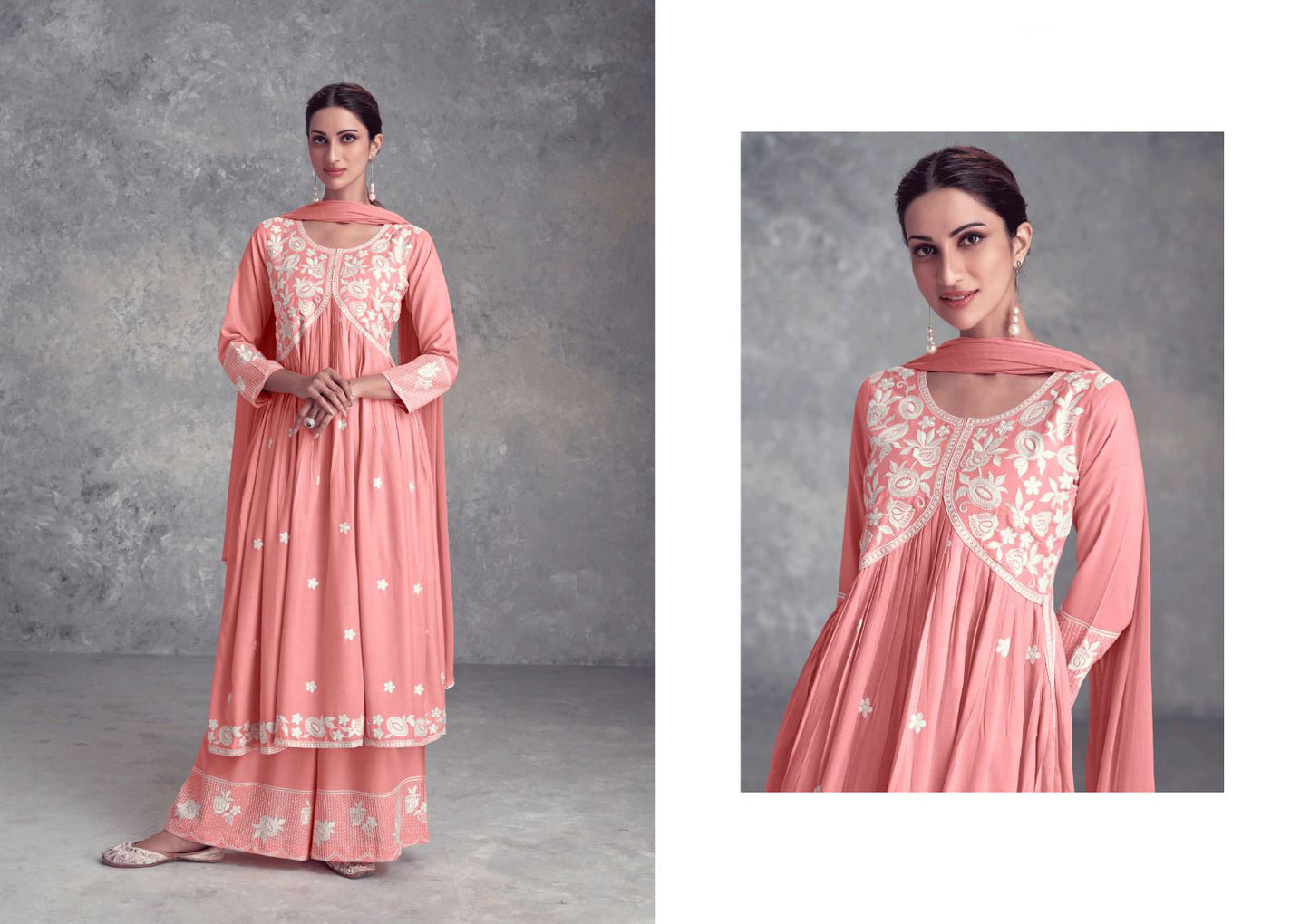 Peach Nyra Cut Palazzo Suit, Lukhnawi embroidery Palazzo Suit, Indian Ethnic wear