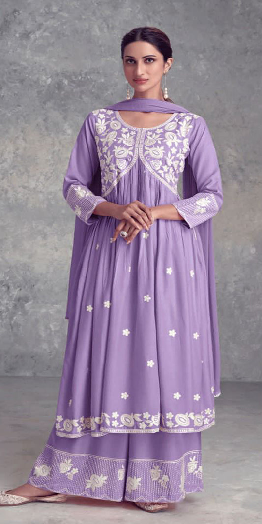 Pastel purple  Color Palazzo Suit , purple Nyra Cut Palazzo Suit, purple Lukhnawi Embroidery Palazzo Suit, purple Lukhnawi Embroidery Nyra Cut Suit, purple Floral Embroidery Palazzo Suit, Partywear Suit, Summer Color Nyra Cut Suit