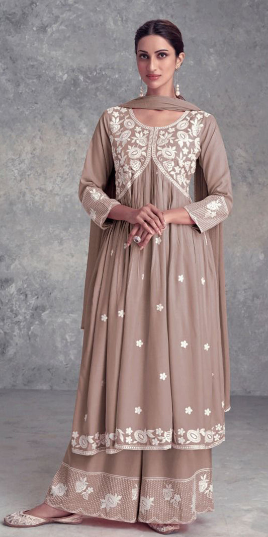 Brown Pastel Color Palazzo Suit , Brown Nyra Cut Palazzo Suit, brown Lukhnawi Embroidery Palazzo Suit, Brown Lukhnawi Embroidery Nyra Cut Suit, Brown Floral Embroidery Palazzo Suit, Partywear Suit, Summer Color Nyra Cut Suit
