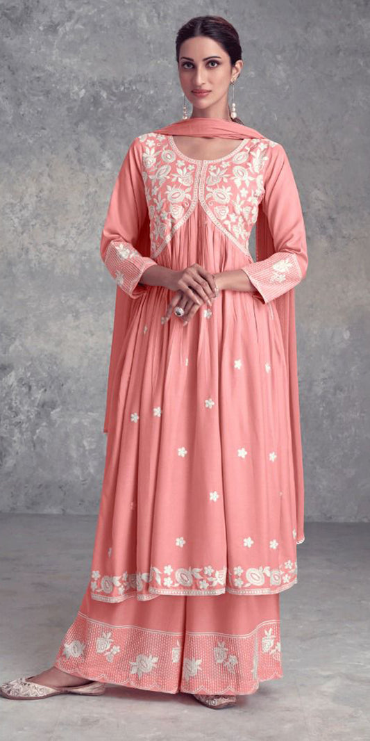 Pastel peach Color Palazzo Suit , Peach Nyra Cut Palazzo Suit, Peach Lukhnawi Embroidery Palazzo Suit, Peach Lukhnawi Embroidery Nyra Cut Suit, Peach Floral Embroidery Palazzo Suit, Partywear Suit, Summer Color Nyra Cut Suit