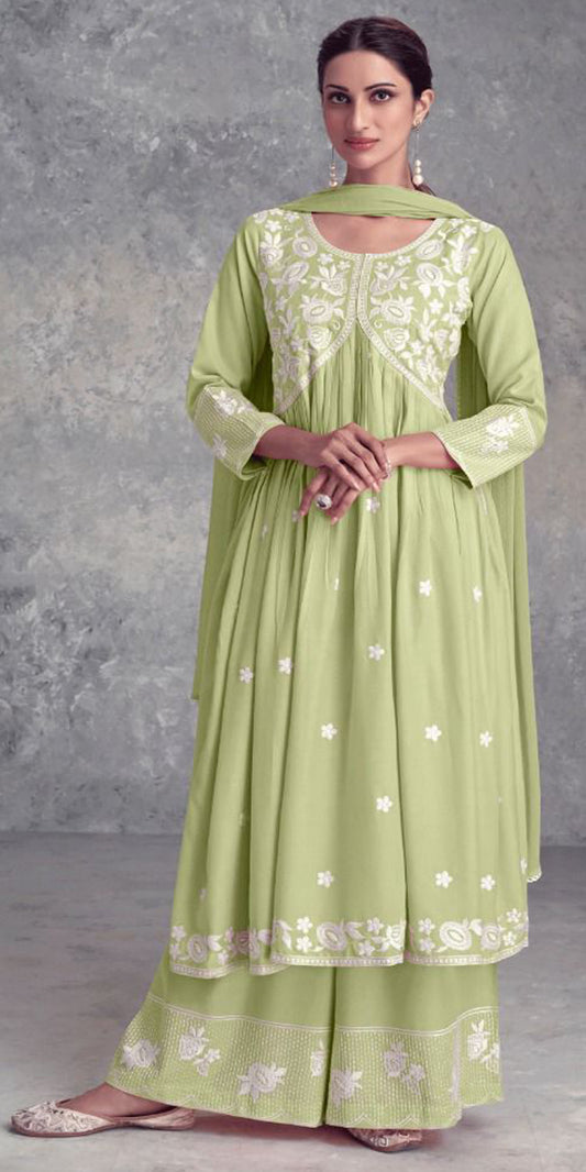 Pastel green Color Palazzo Suit , Patel Lime Green Nyra Cut Palazzo Suit, Olive Green Lukhnawi Embroidery Palazzo Suit, Olive green Lukhnawi Embroidery Nyra Cut Suit, Olive Floral Embroidery Palazzo Suit, Partywear Suit, Summer Color Nyra Cut Suit