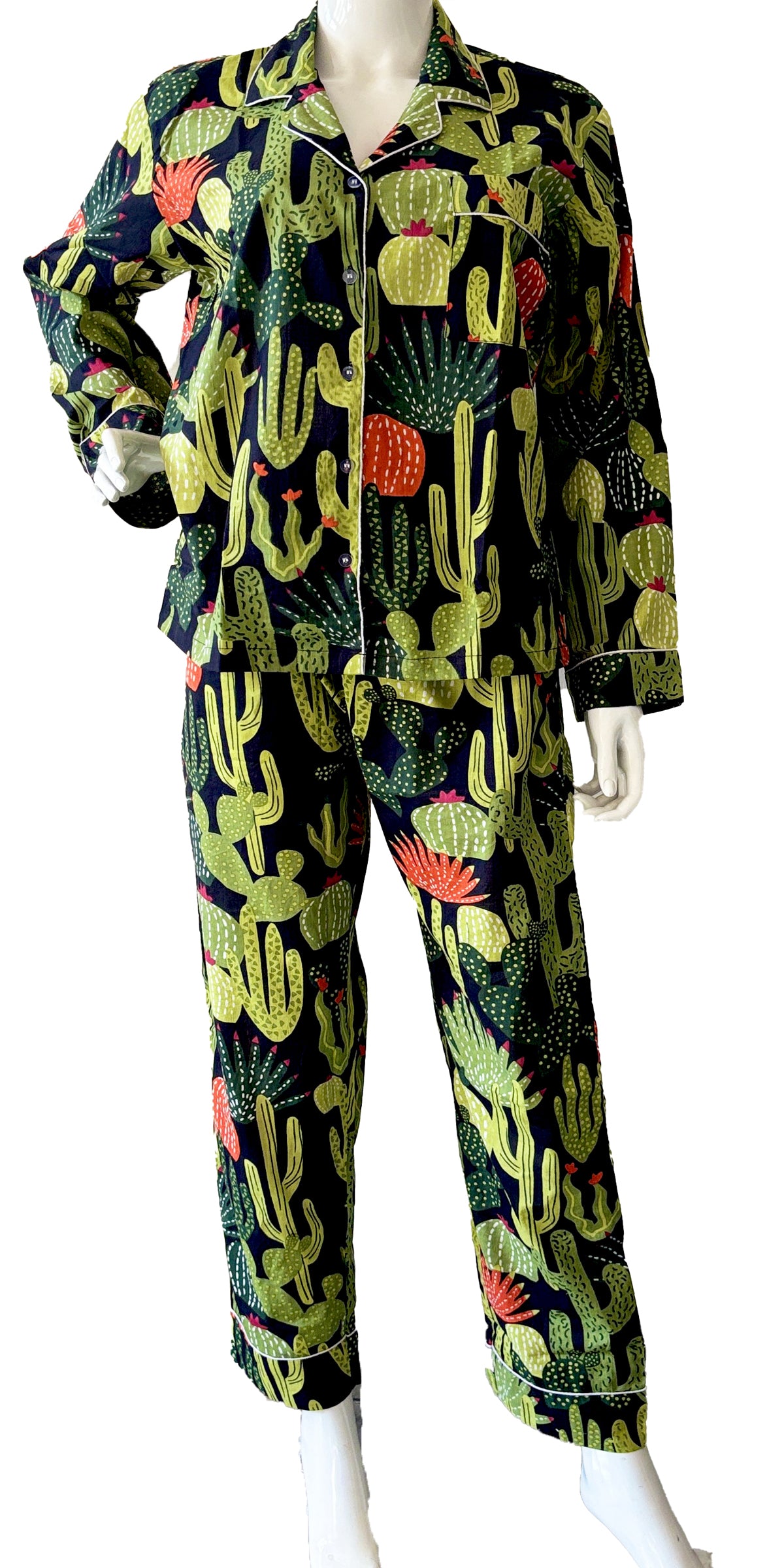 Black Women Night Pajamas, Black Night Pajamas with Cactus Print, Floral Print Pajamas, Black Pajamas with Pockets, Black Button-down pajama set, Black Relaxed-fit women’s pajamas, Black Lightweight Pajamas, Black breathable Night Suits