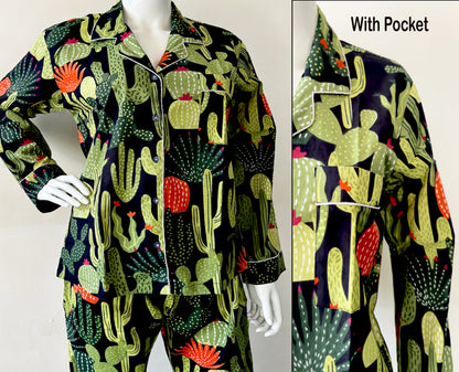 Black 100% Pure Cotton Cambric Women's Pajamas with Cactus Print