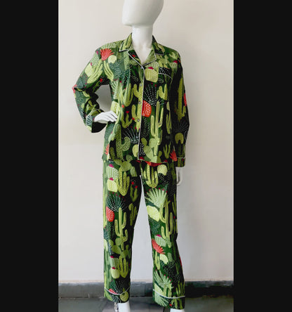 Green 100% Pure Cotton Cambric Women's Pajamas with Cactus Print