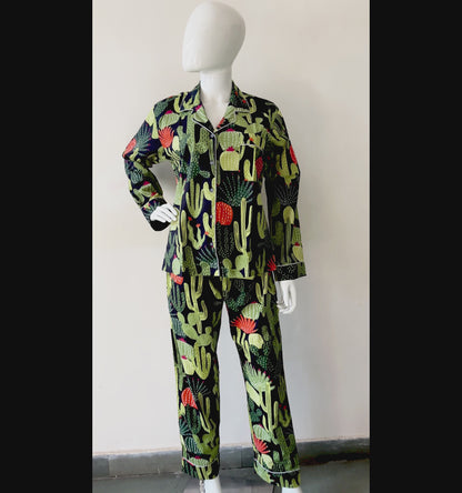 Black 100% Pure Cotton Cambric Women's Pajamas with Cactus Print