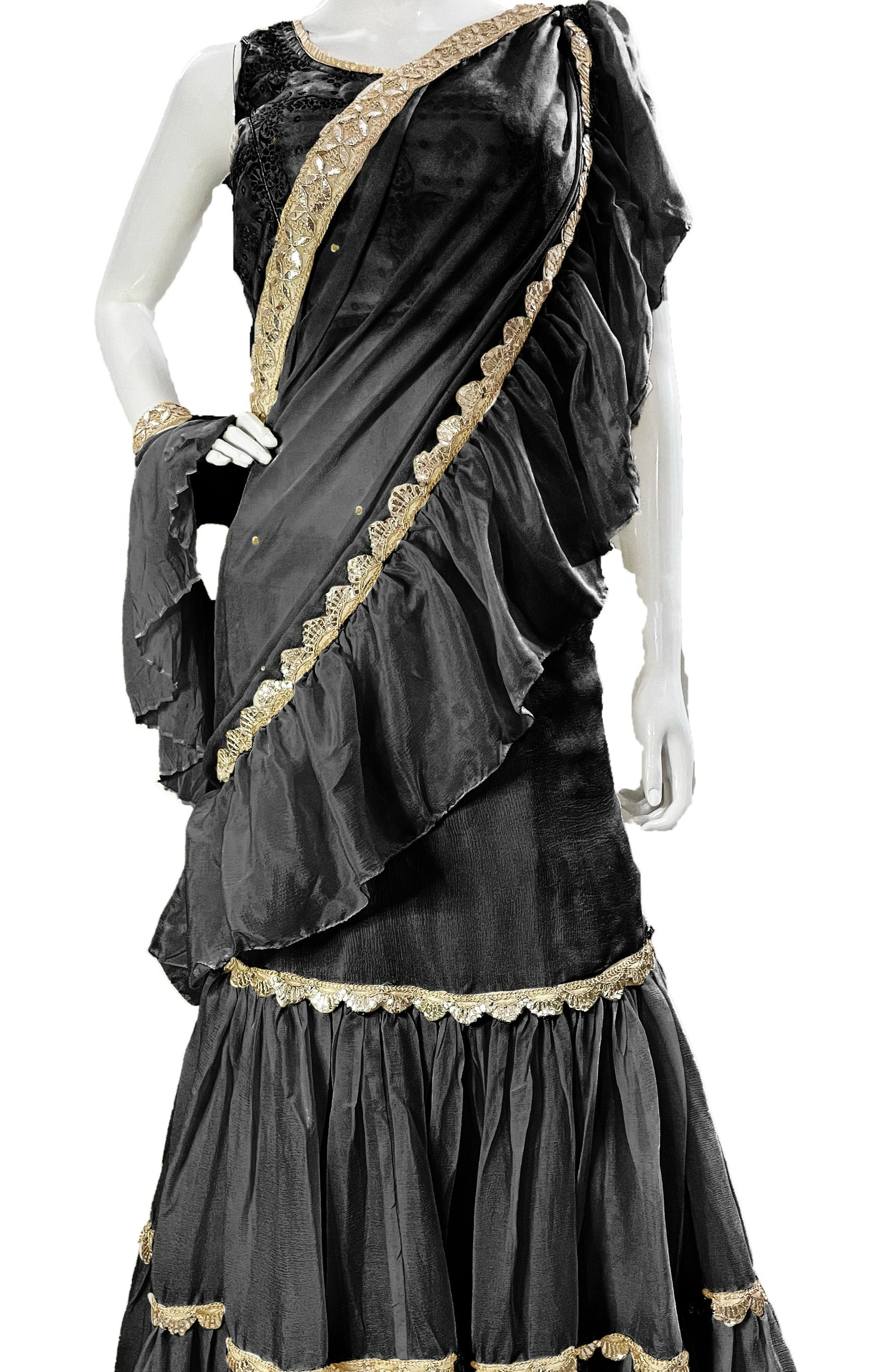 Embellished Border Satin Chiffon Saree in Black : SCBA4675
