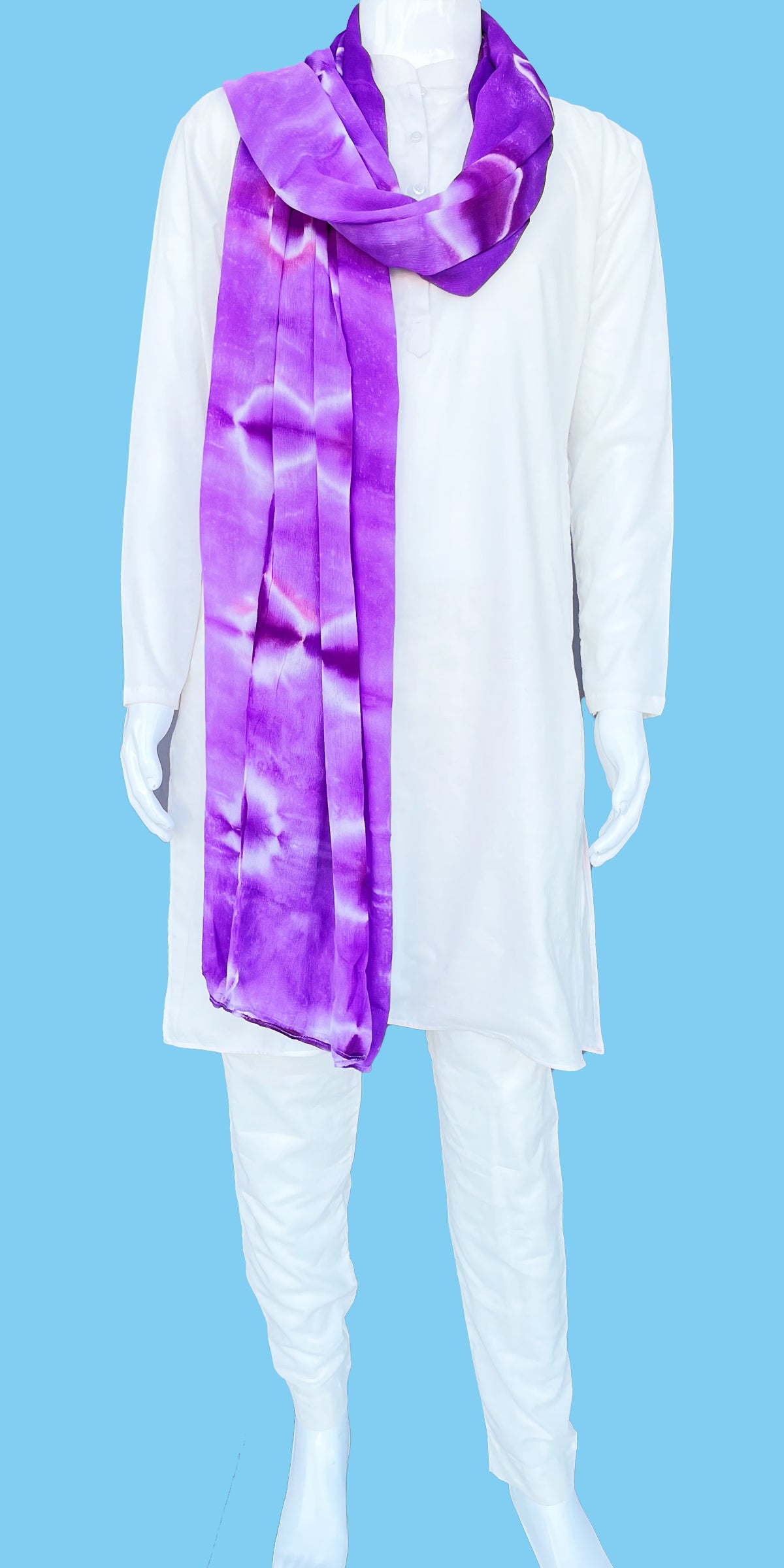 White Color Cotton Men s Kurta Pajama Indian with Lavender Stole